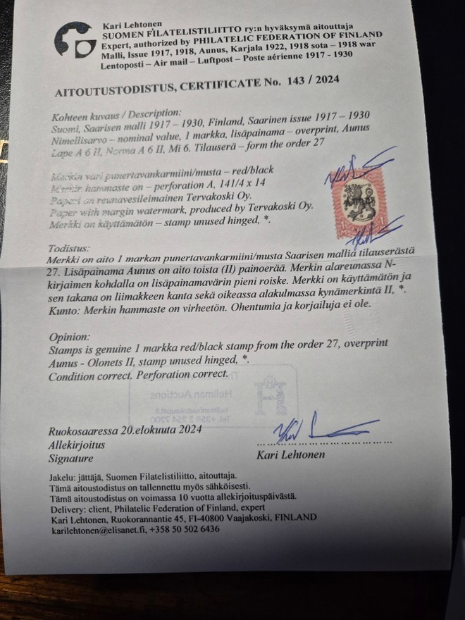 Aunus 1mk aitoutuksella, leimaamaton!