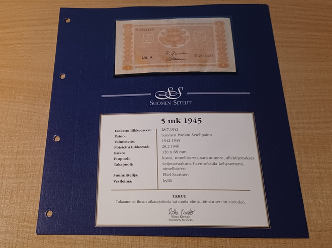 5 Markkaa 1945 Litt A / E 5253436 Kiv - Wah KL 4