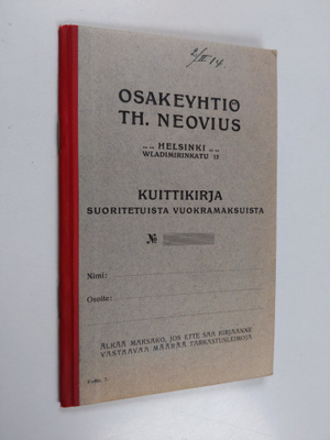 Osakeyhtiö TH. Neovius : Kuittikirja suoritetuista vuokra...