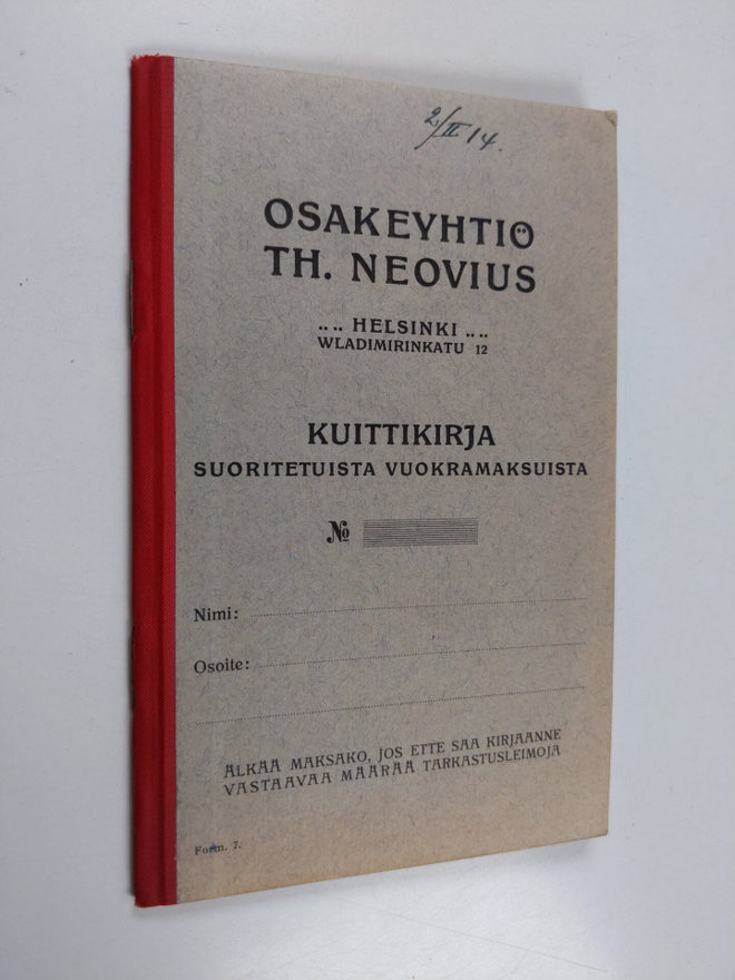 Osakeyhtiö TH. Neovius : Kuittikirja suoritetuista vuokra...