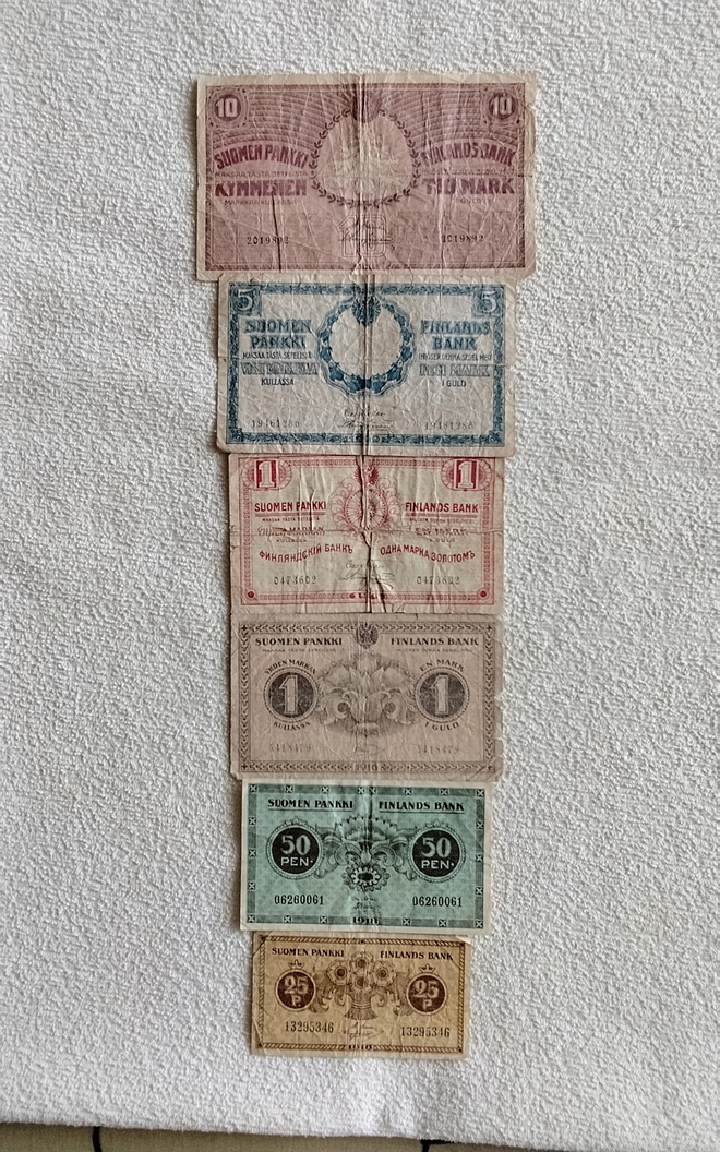 Suomi vanhempia seteleitä 1909-1918 väliltä 6 kpl.
