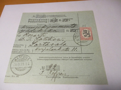 1923 Wärtsilä postiosoitus rovastille sotilaskoti Sortavala