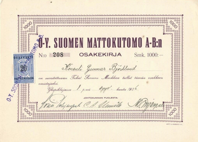 OKK 1926 Suomen Mattokutomo Oy, Ykspihlaja osakekirja