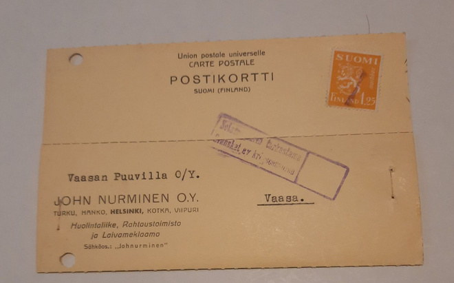 Firmakortti, sensuuri John Nurminen O.Y . 1940  