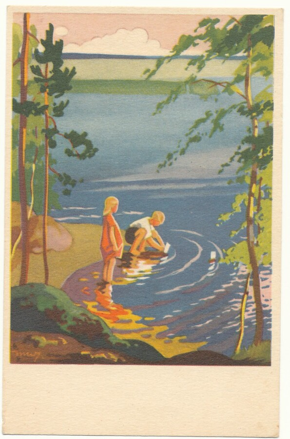 Martta WENDELIN - Poika uittaa venettä- vanha kortti