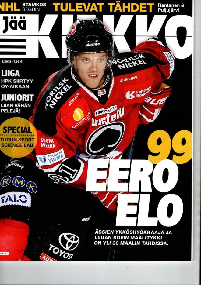Jää KIEKKO n:o 1 2015 Maalitykki EERO ELO, Ässät. 8 sivua.