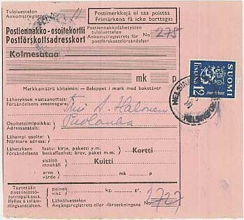 M30 1947 12mk sininen yksin postiennakkokortilla