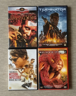 DVD-elokuvia 4 kpl Salvador, Spiderman 2, Terminator Genisys