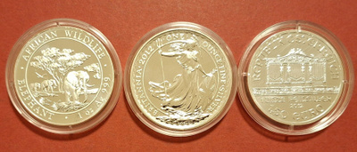 3 x 1 oz hopeaa: Elefantit + Britannia + Philharmoniker (4)