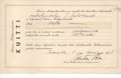 Kuitti lahjoituksesta Kulttuurirahastolle (1938)