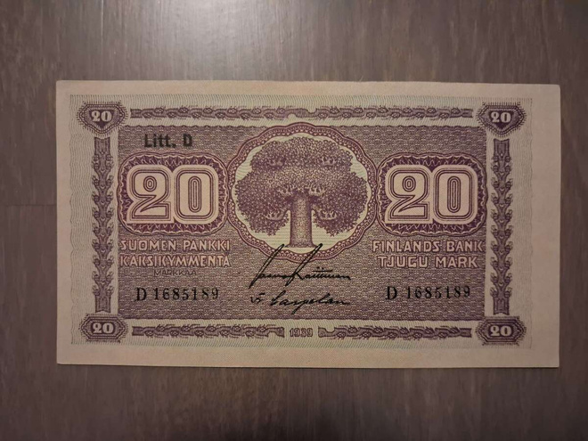 20 markkaa, mk 1939 Litt. D D1685189 kl.10