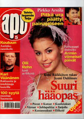Apu n:o 5 2002 Miss Suomi, hautajaiset. Jenni. Pirkko. Paavo
