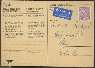 M54 1959 25 (mk) lentopostikorttivastaus Tanskasta  leimaton