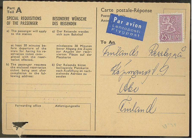 M54 1959 25 (mk) lentopostikorttivastaus Tanskasta  leimaton