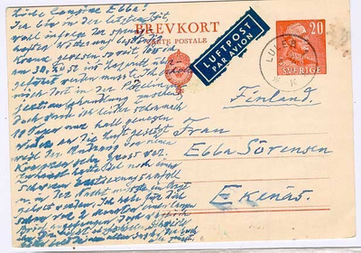 Ruotsi 1953 20 öre ehiö lentopostissa Suomeen
