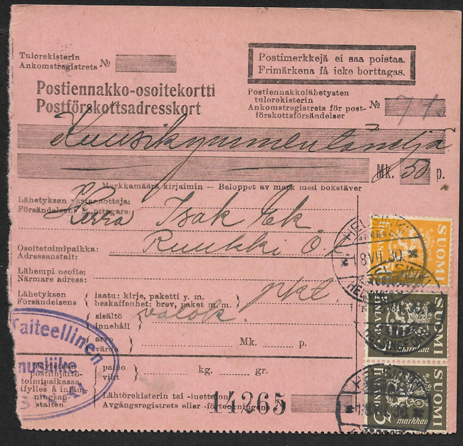 Postien. - käyttös. 1930 (LAPE 148,2x154) Helsinki 18.7.30