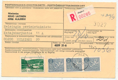 1973 kirjattu postiennakkokirje