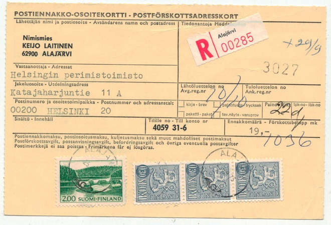 1973 kirjattu postiennakkokirje