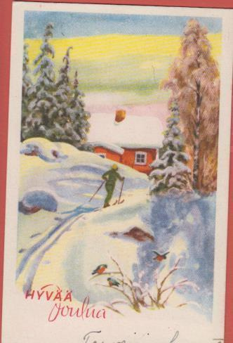Olavi Vikainen Hiihtäjä pun.talo taustalla