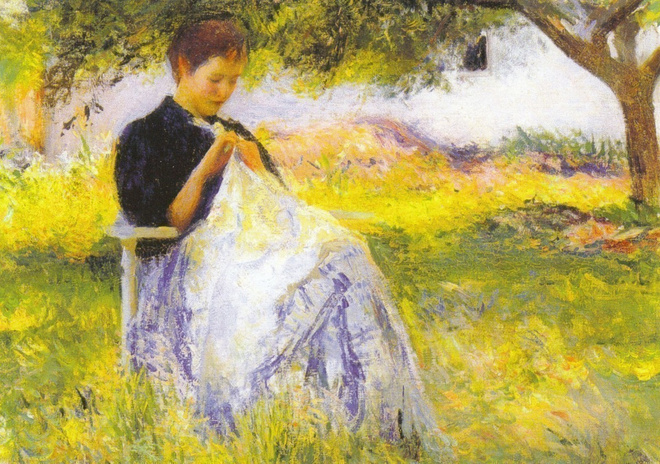 Edmund C Tarbell: Nainen ompelee puutarhassa