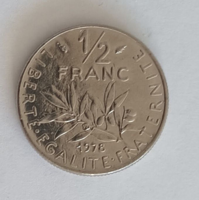4 kpl Ranska 1/2 franc 1968, 1975, 1976 & 1978, 4 kuvaa