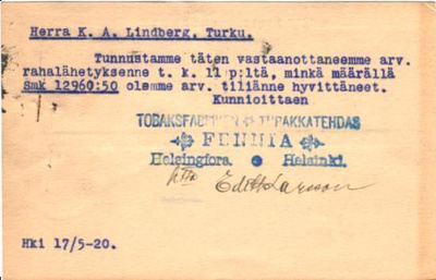POSTILÄHETYS EHIÖ TUPAKKATEHDAS FENNIA HELSINKI