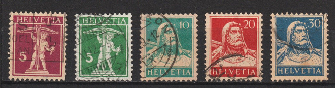 1924> Sveitsi leimattuja merkkejä  5kpl