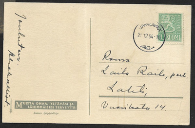 Postilähetys - Yl.m. 10mk 1954 (LAPE 430) Järvenpää 21.12.54