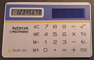 Aurinkokennolaskin Nokia Postipankki 80-luvulta