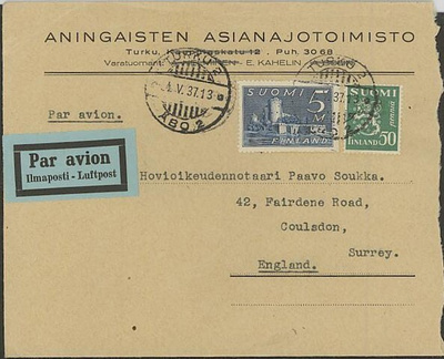 M30 1937 lentokirje Englantiin