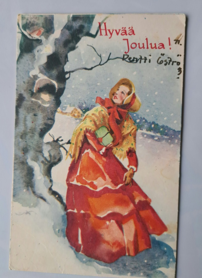 Eeli Jaatinen: neito kasoo lintua, käsipostia 1956