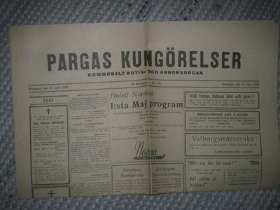 Sanomalehti   Pargas Kungörelser  27.4.1949