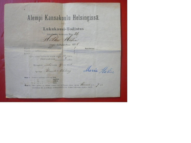 Alempi Kansakoulu Helsingissä Lukukausi - Todistus 1898