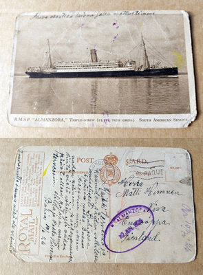 Laiva aiheinen postikortti maailmalta Suomeen 1926 Niva