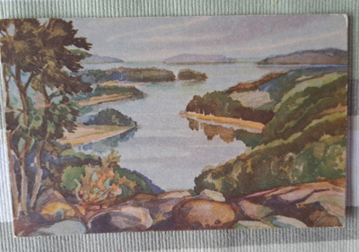 Järvimaisema SAIMAA, taidekortti, kulkenut 1944