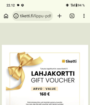 Tiketin / Tiketti 160 € lahjakortti pdf-muodossa
