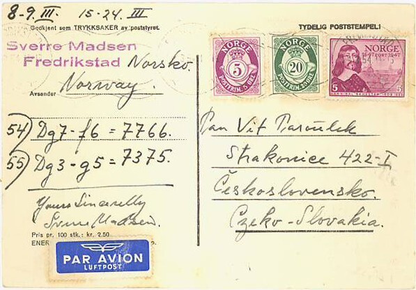 Norja 1954 painotuote (shakki) lentoteitse Tsekkoslovakiaan