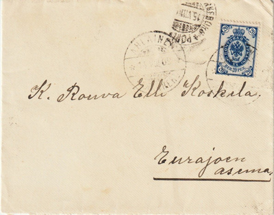 1909 Kirje Ahlaisista Eurajoen asemalle 20p Kotkamerkillä.