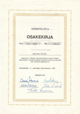OKK 1981 Vendito Oy, Helsinki osakekirja