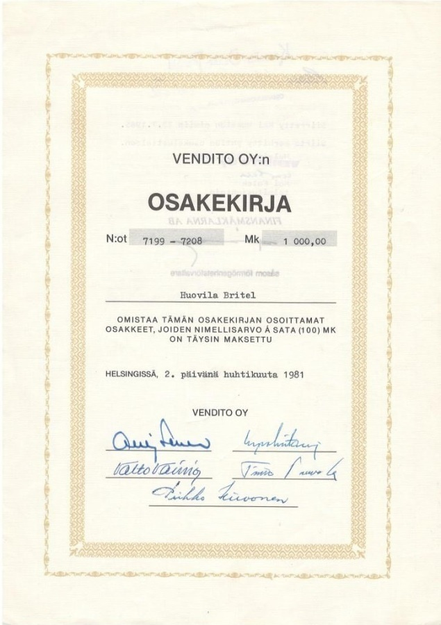 OKK 1981 Vendito Oy, Helsinki osakekirja