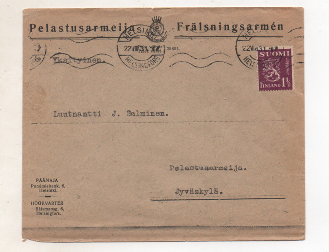 Vanha kirjekuori PELASTUSARMEIJA  1931