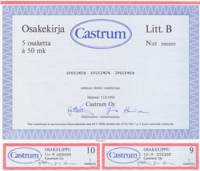 OKK 1988 Castrum Oy spec, Helsinki pörssi osakekirja