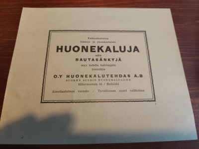 Vanha O.Y Huonekalutehdas A.B mainos