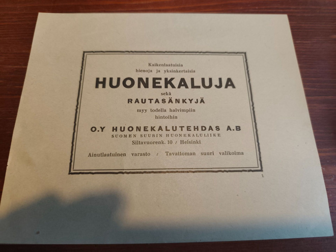 Vanha O.Y Huonekalutehdas A.B mainos