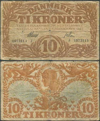 Tanska Denmark 10 Kroner 1923 (P-21q) G