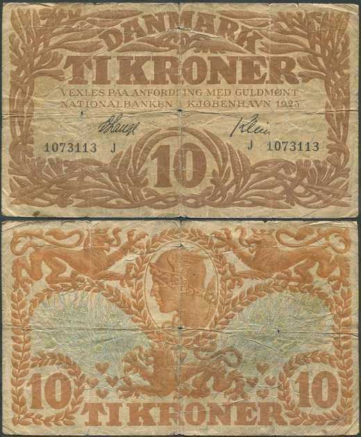 Tanska Denmark 10 Kroner 1923 (P-21q) G