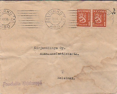 1934, Frenckellin Kirjakauppa Turku kirje Helsinkiin