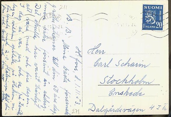 M30 1950 20mk sin.leijona postikortti Ruotsiin