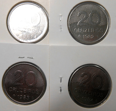 Brazil. 20 cruzeiros 1981, 1982, 1983, 1984.