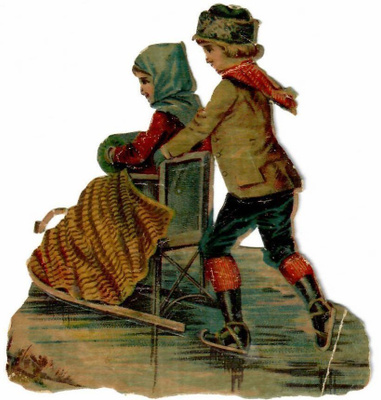 Wanha - Tyttö istuu kelkassa poika luistelee - 1800-l loppu